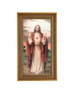 Sacred Heart of Jesus Textured Art in 12" x 21" Antique Genuine Gold-Leaf Wood Frame with Acanthus Border