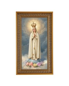 Pilgrim Virgin of Fatima Textured Art in 12" x 21" Antique Genuine Gold-Leaf Wood Frame with Acanthus Border