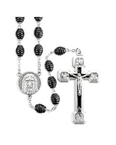 Holy Face Black Wood Oval Bead Rosary