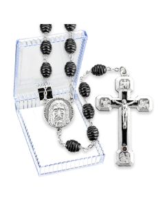 Holy Face Black Wood Oval Bead Rosary, Boxed