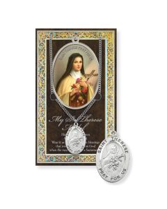 Saint Therese Genuine Pewter Medal on a 18" Chain with Biography and Picture Folder
