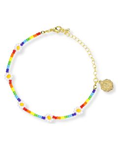 Daisy and Rainbow Tiny Bead Adjustable Bracelet with Medal
