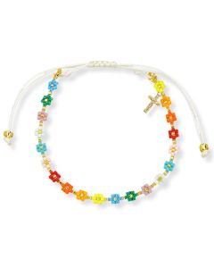 Multi Colored Flower Bead Adjustable Bracelet with Cross