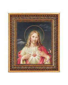 11.5" x 13.5" Vintage Bronze with Acanthus Leaves Frame with Velvet Backing Easel and Glass with a 8" x 10" Sacred Heart of Jesus Print  