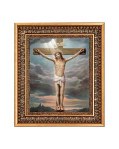 8" x 10" Crucifixion Print in a 11.5" x 13.5" Vintage Bronze with Acanthus Leaves Frame with Velvet Backing Easel and Glass
