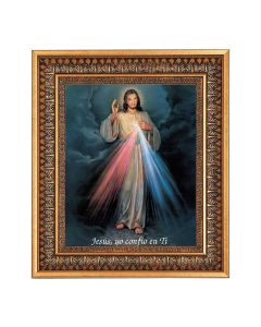 8" x 10" Divine Mercy-Spanish Print in a 11.5" x 13.5" Vintage Bronze with Acanthus Leaves Frame with Velvet Backing Easel and Glass