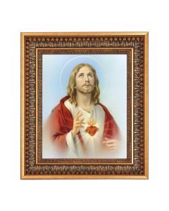 An 8" x 10" Sacred Heart of Jesus Print in a 11.5" x 13.5" Vintage Bronze with Acanthus Leaves Frame with Velvet Backing Easel and Glass