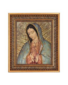 8" x 10" O.L. of Guadalupe Bust Print in a 11.5" x 13.5" Vintage Bronze with Acanthus Leaves Frame with Velvet Backing Easel and Glass