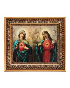 8" x 10" French School: Sacred Hearts Print in a 11.5" x 13.5" Vintage Bronze with Acanthus Leaves Frame with Velvet Backing Easel and Glass