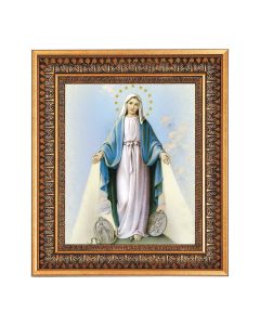 8" x 10" O.L. of The Miraculous Medal Print in a 11.5" x 13.5" Vintage Bronze with Acanthus Leaves Frame with Velvet Backing Easel and Glass