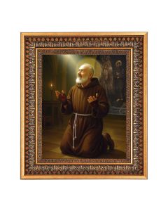 8" x 10" Saint Pio at Prayer Print in a 11.5" x 13.5" Vintage Bronze with Acanthus Leaves Frame with Velvet Backing Easel and Glass