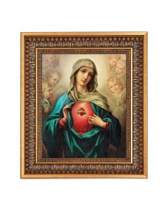 8" x 10" French School: Immaculate Heart of Mary Print in a 11.5" x 13.5" Vintage Bronze with Acanthus Leaves Frame with Velvet Backing Easel and Glass