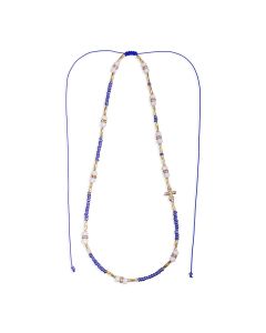 Blue Glass Adjustable Necklace with Gold Tube Ends