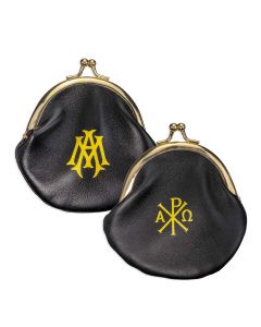 Genuine Sheepskin Leather Rosary Pouch in Soft Black with Polished Brass Snap Opening and Smooth Velvet Lining with Gold Stamped Pax and Ave Maria Symbols.  4" x 4"