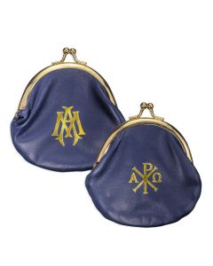 Genuine Sheepskin Leather Rosary Pouch in Soft Blue with Polished Brass Snap Opening and Smooth Velvet Lining with Gold Stamped Pax and Ave Maria Symbols.  4" x 4"