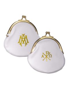 Genuine Sheepskin Leather Rosary Pouch in Soft White with Polished Brass Snap Opening and Smooth Velvet Lining with Gold Stamped Pax and Ave Maria Symbols.  4" x 4"