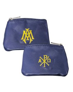 Genuine Sheepskin Leather Rosary Pouch in Soft Blue with Smooth Velvet Lining, Zipper Opening with Gold Stamped Pax and Ave Maria Symbols. 3" x 4"