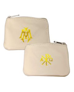 Genuine Sheepskin Leather Rosary Pouch in Soft Tan with Smooth Velvet Lining, Zipper Opening with Gold Stamped Pax and Ave Maria Symbols. 3" x 4"