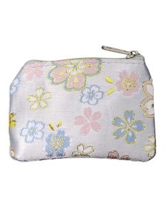 Baby Blue Tapestry Fabric Rosary Pouch  with Gold and White Flowers and Zipper Opening . 3" x 4"
