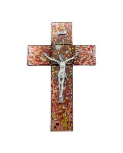 10" Gold and Silver Speckled Red Toned Stained Glass Cross with Fine Pewter Corpus-P65