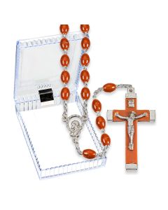 Brown Acrylic Bead Rosary with Metal Bound Crucifix, Boxed