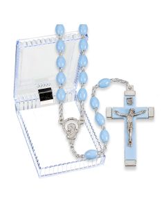 Blue Acrylic Bead Rosary with Metal Bound Crucifix, Boxed