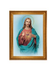 23.5" x 31" Antique Gold Leaf Beveled Frame, Roping Detail with 19" x 27" Sacred Heart of Jesus Textured Art