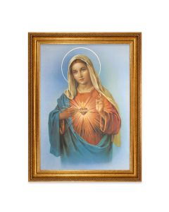 23.5" x 31" Antique Gold Leaf Beveled Frame, Roping Detail with 19" x 27" Immaculate Heart of Mary Textured Art