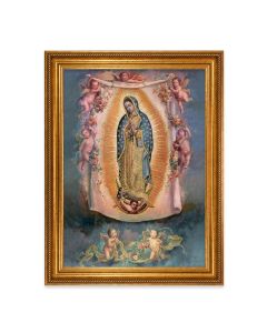 23.5" x 31" Antique Gold Leaf Beveled Frame, Roping Detail with 19" x 27" Our Lady of Guadalupe with Angels Textured Art
