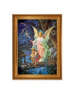 23.5" x 31" Antique Gold Leaf Beveled Frame, Roping Detail with 19" x 27" Guardian Angel Textured Art