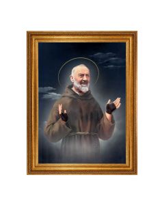 23 1/2" x 31" Antique Gold Leaf Beveled Frame  Roping Detail with 19" x 27" Saint Pio Textured Art