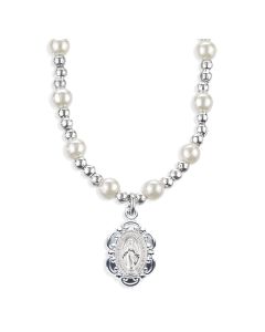 6mm White Pearl Necklace with a Scalloped Miraculous Medal Pendant-P65