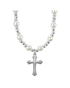 6mm White Pearl Necklace with Beveled Cross Pendant-P65