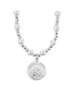 6mm White Pearl Necklace with Round Guardian Angel Protect Me Pendant-P65