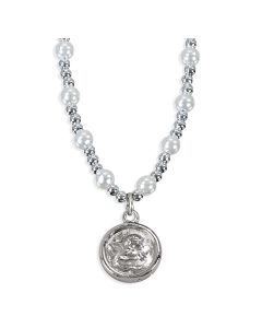 6mm White Pearl Necklace with Round Guardian Angel Pendant-P65