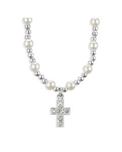 6mm White Pearl Bead Necklace with Silver Cross with Crystal Stones Pendant-P65