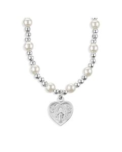 6mm White Pearl Necklace with Heart Shaped Miraculous Medal Pendant-P65