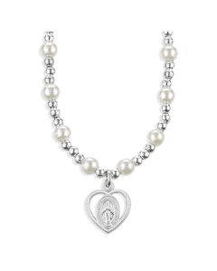 6mm White Pearl Necklace with Outlined Heart Shape Miraculous Medal Pendant-P65