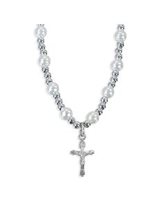 6mm White Pearl Necklace with Crucifix Pendant-P65