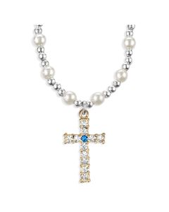 6mm White Pearl Necklace with Jewled Cross and Blue Center Pendant-P65