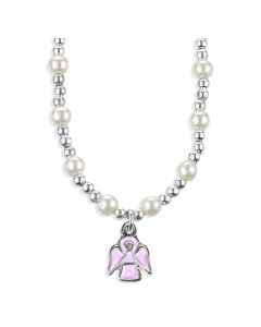 6mm White Pearl Necklace with a Pink Guardian Angel Pendant-P65