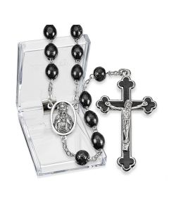 Black Oval Wood Bead Rosary, Boxed