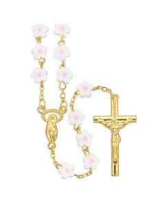 7mm White and Pink Flower Fimo Bead Rosary with Gold Plating-P65