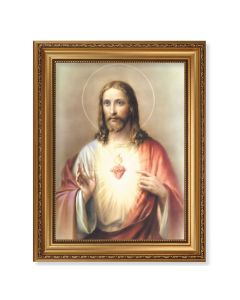 15 1/2" x 19 1/2" Antique Gold Leaf Beveled Frame with Bead Inlay and 12" x 16" Sacred Heart of Jesus Textured Art