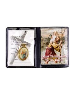 2 1/2" Silver Oxidized Crucifix with St. Christopher Photo Medal and ID Card in Folder -P65