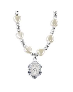 6mm White Heart Necklace with Scalloped Miraculous Medal-P65
