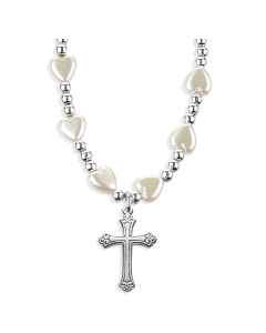 6mm White Heart Necklace with Beveled Cross Pendant-P65