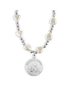6mm White Heart Necklace with Round Guardian Angel Protect Me Medal-P65
