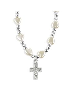 6mm White Pearlized Heart Necklace with Silver Beads and a Silver Cross with Crystal Stones-P65
