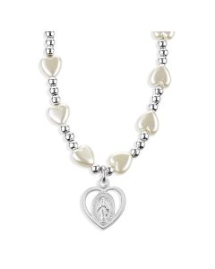6mm White Heart Necklace with Outlined Heart Shape Miraculous Medal-P65